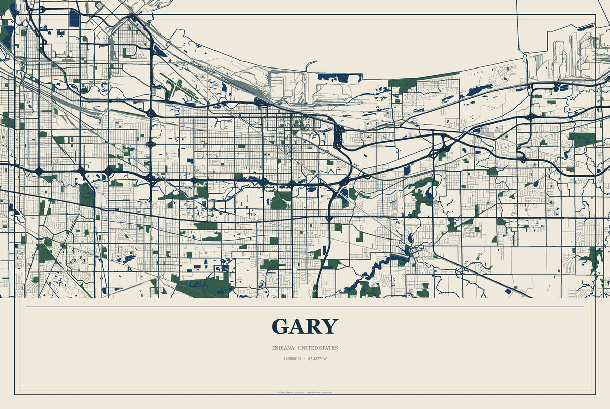 Gary, Indiana City Map Aluminum Sign in Coastal Cutout style