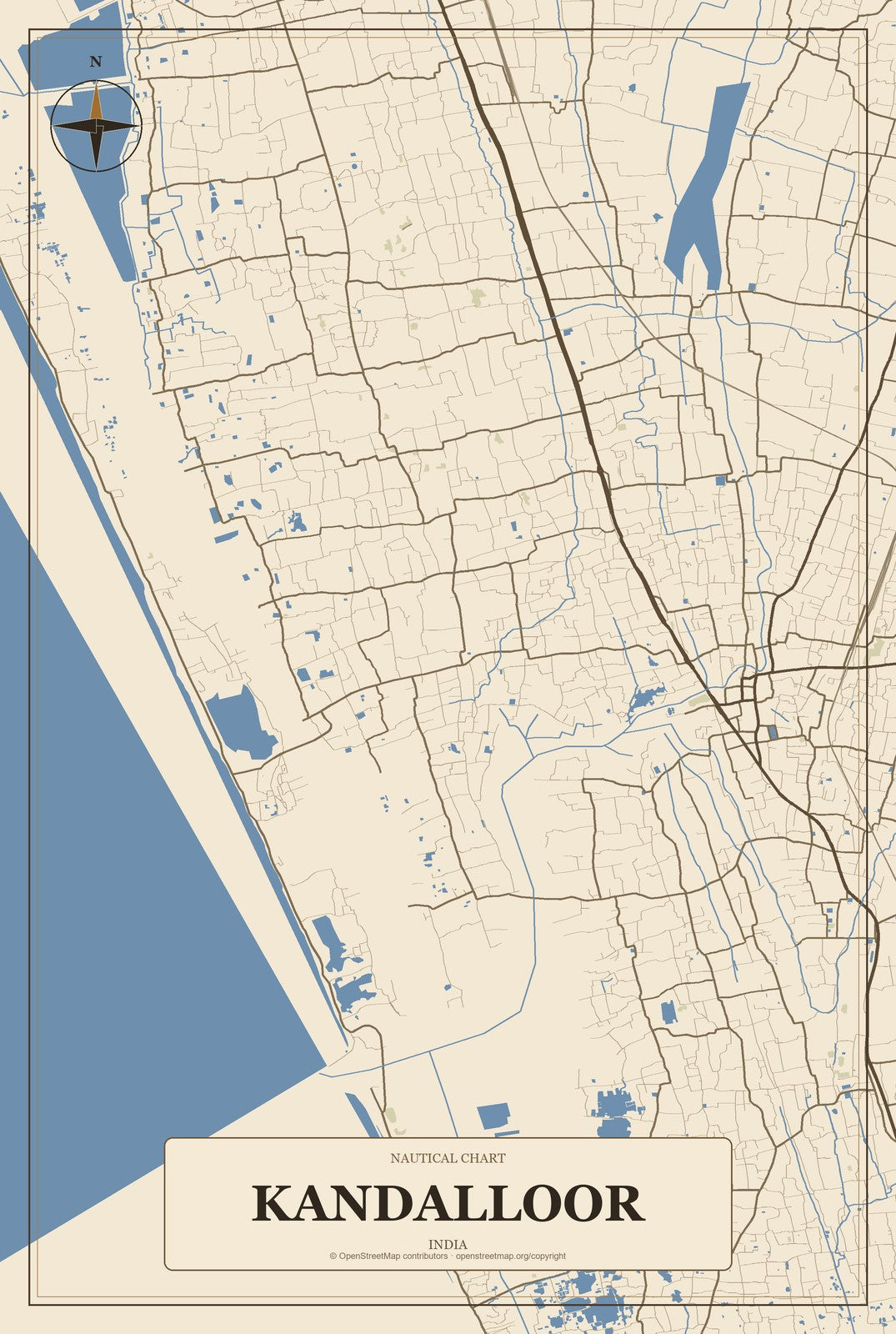 Kandalloor, India City Map Aluminum Sign in Heritage Nautical style