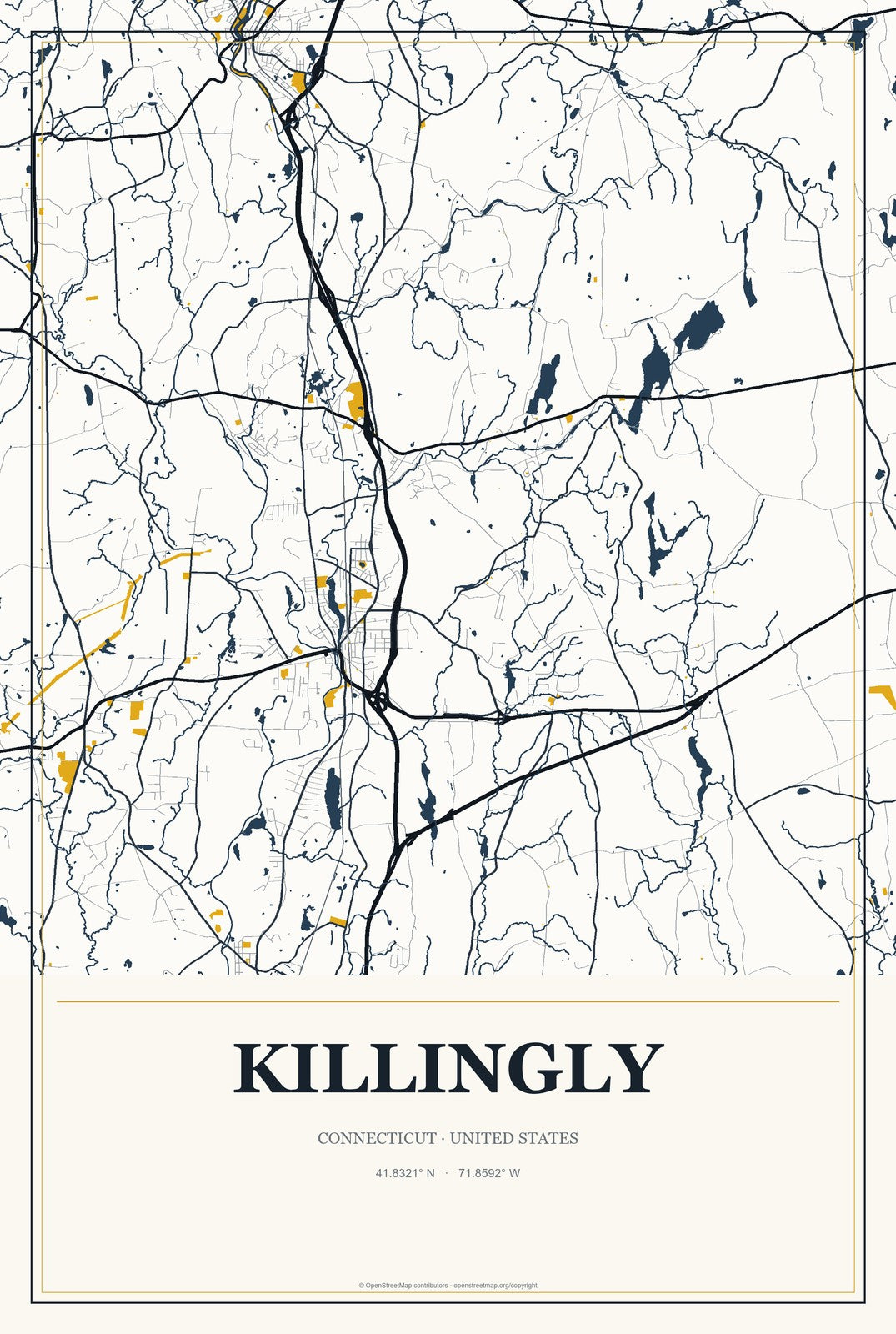 Killingly, Connecticut City Map Aluminum Sign in Citrine Modern style
