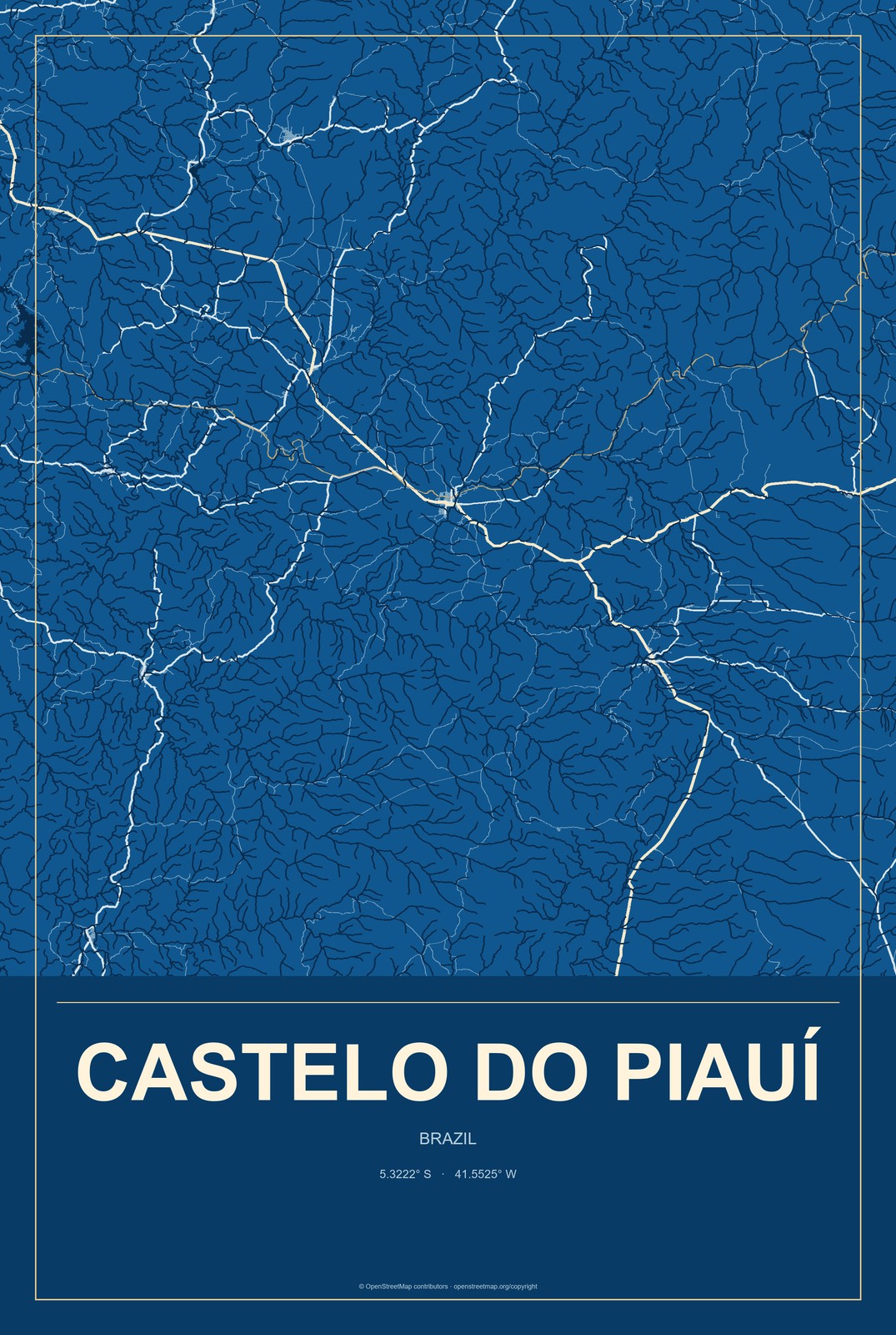 Castelo do Piauí, Brazil City Map Aluminum Sign in Harbor Cobalt style