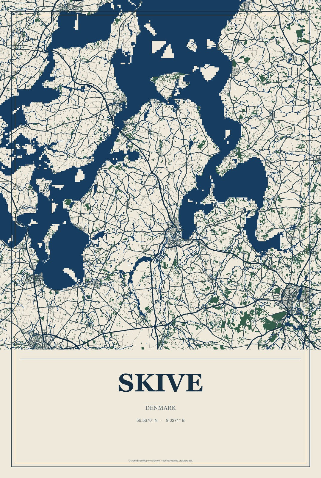 Skive, Denmark City Map Aluminum Sign in Coastal Cutout style