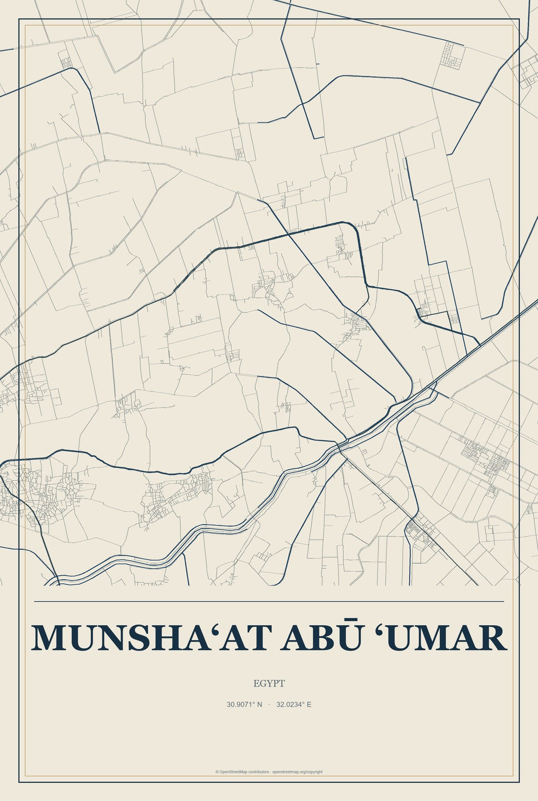 Munsha‘at Abū ‘Umar, Egypt City Map Aluminum Sign in Coastal Cutout style