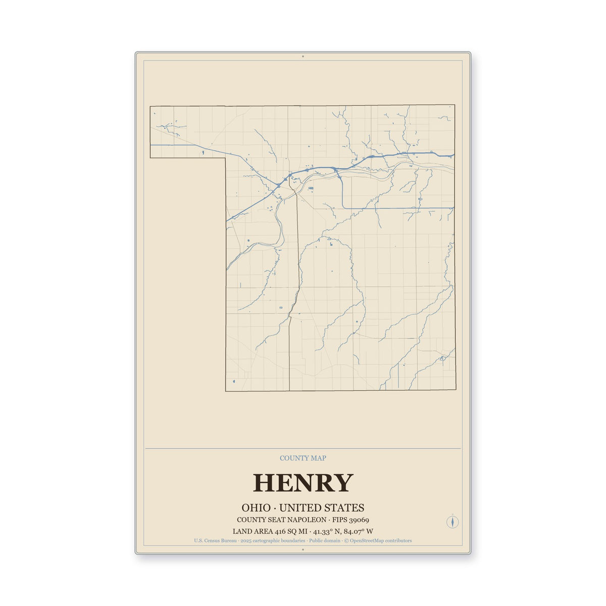 Henry County, Ohio Map Aluminum Sign in Heritage Nautical style