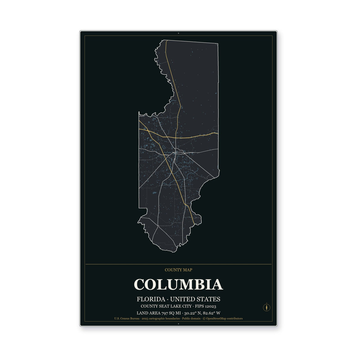 Columbia County, Florida Map Aluminum Sign in Metropolitan Noir style