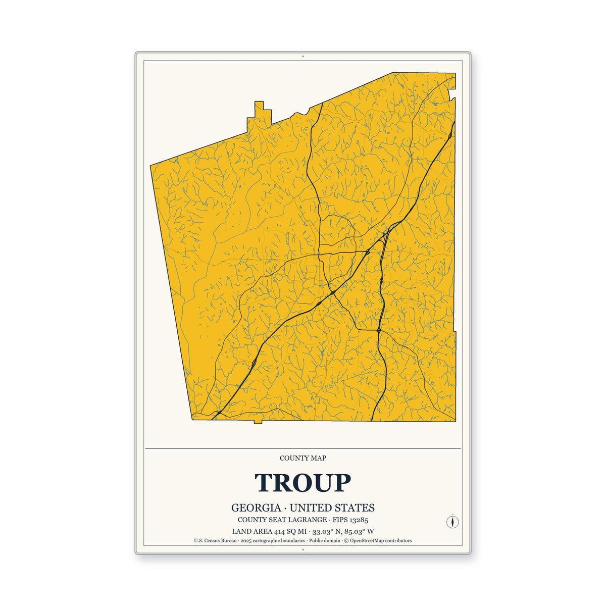Troup County, Georgia Map Aluminum Sign in Citrine Modern style