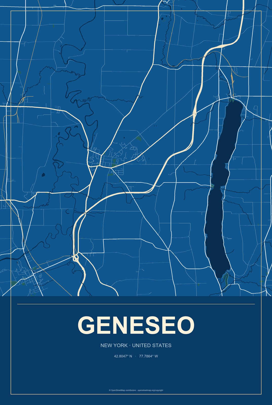 Geneseo, New York City Map Aluminum Sign in Harbor Cobalt style