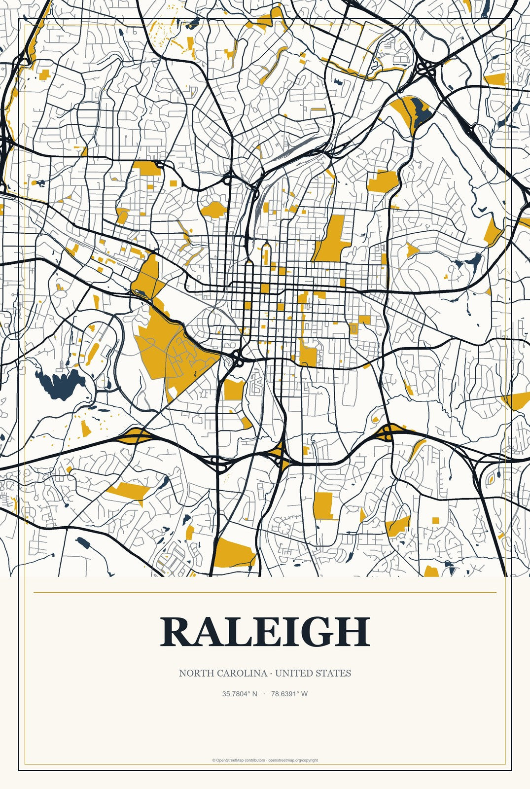 Raleigh, North Carolina City Map Aluminum Sign in Citrine Modern style