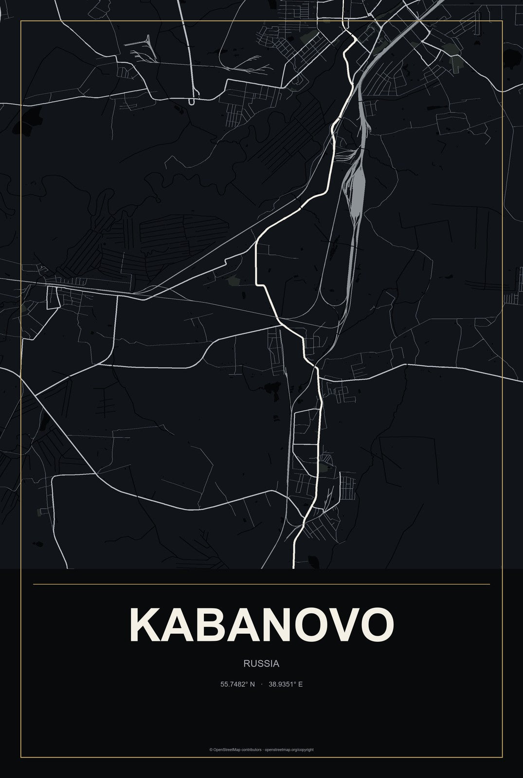 Kabanovo, Russia City Map Aluminum Sign in Metropolitan Noir style