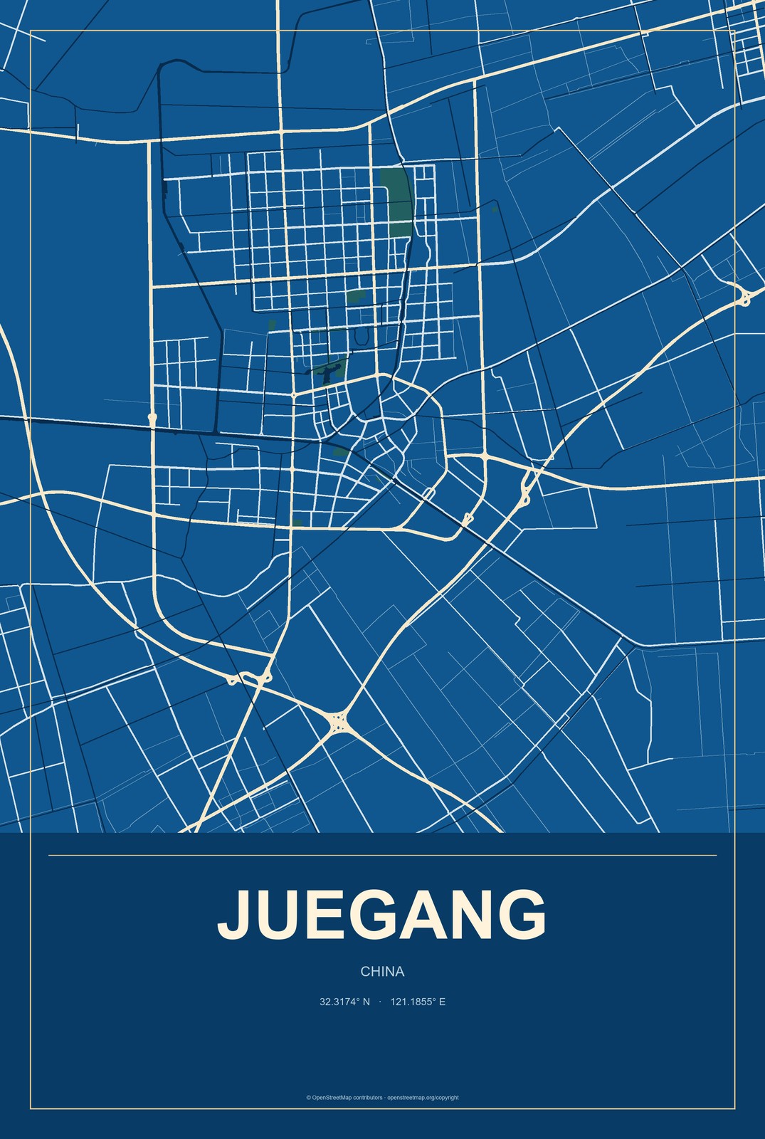 Juegang, China City Map Aluminum Sign in Harbor Cobalt style