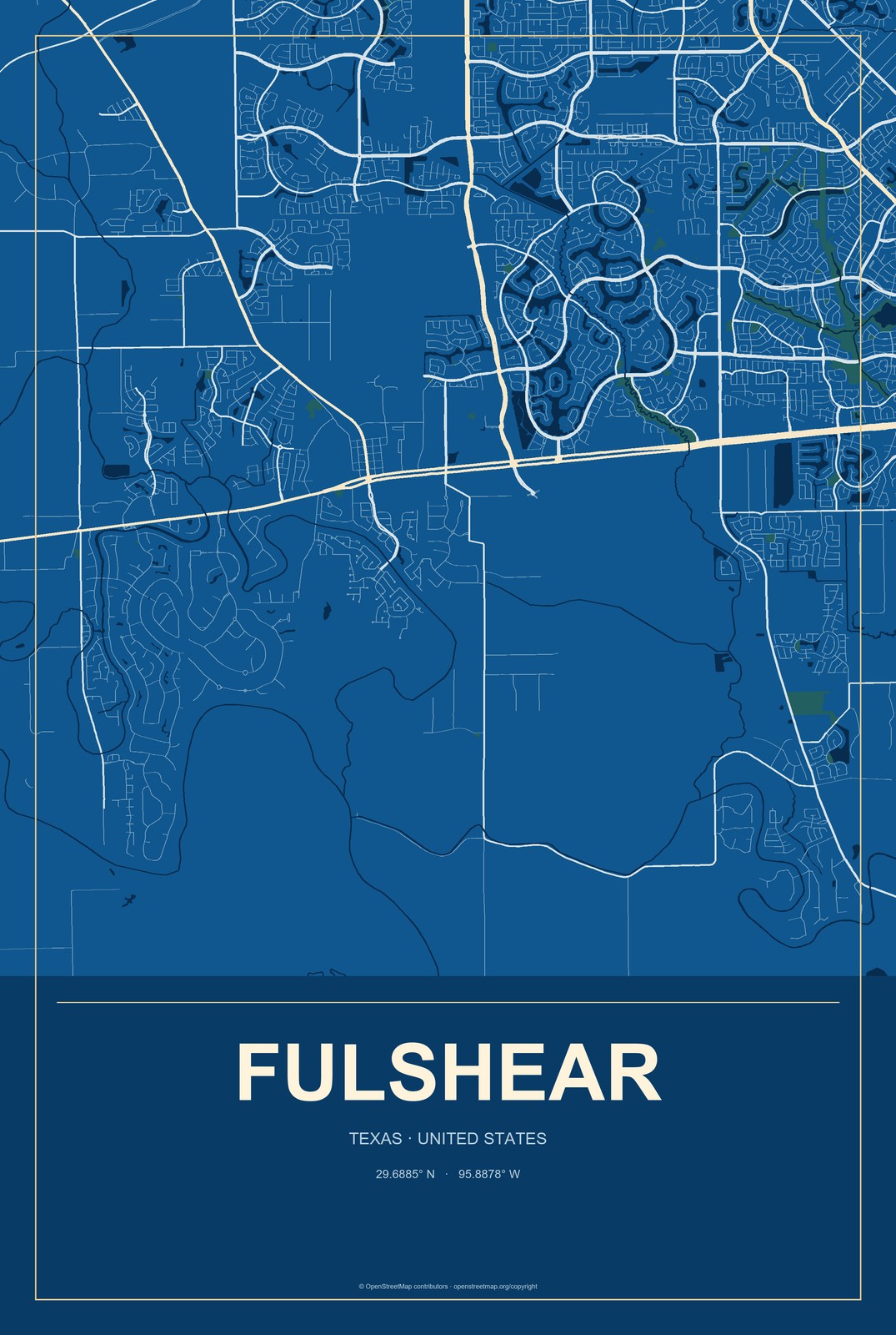 Fulshear, Texas City Map Aluminum Sign in Harbor Cobalt style