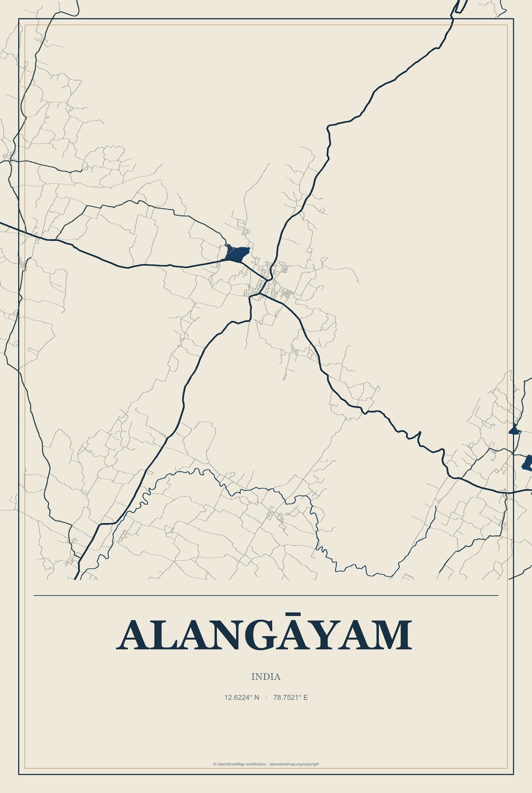 Alangāyam, India City Map Aluminum Sign in Coastal Cutout style