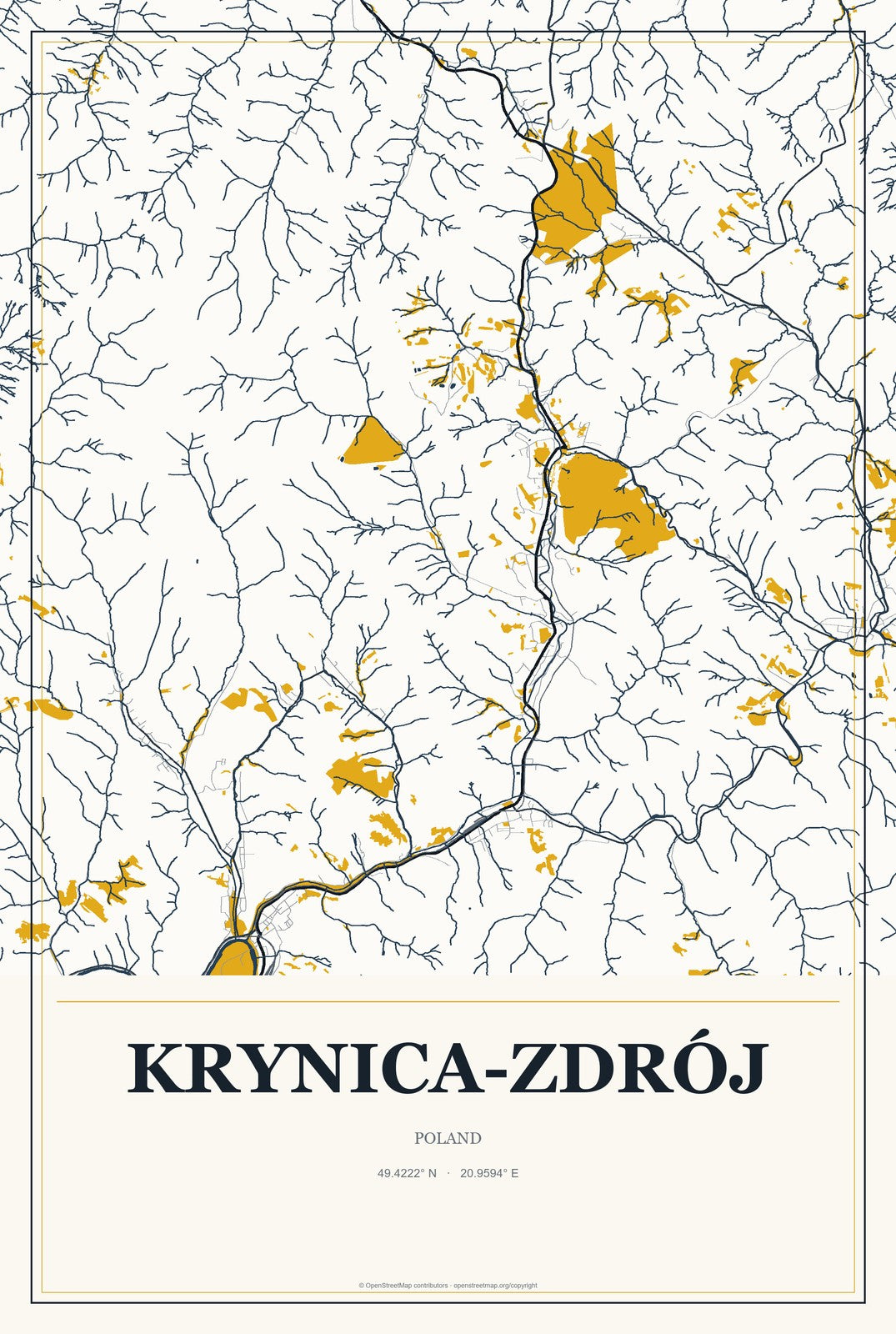 Krynica-Zdrój, Poland City Map Aluminum Sign in Citrine Modern style