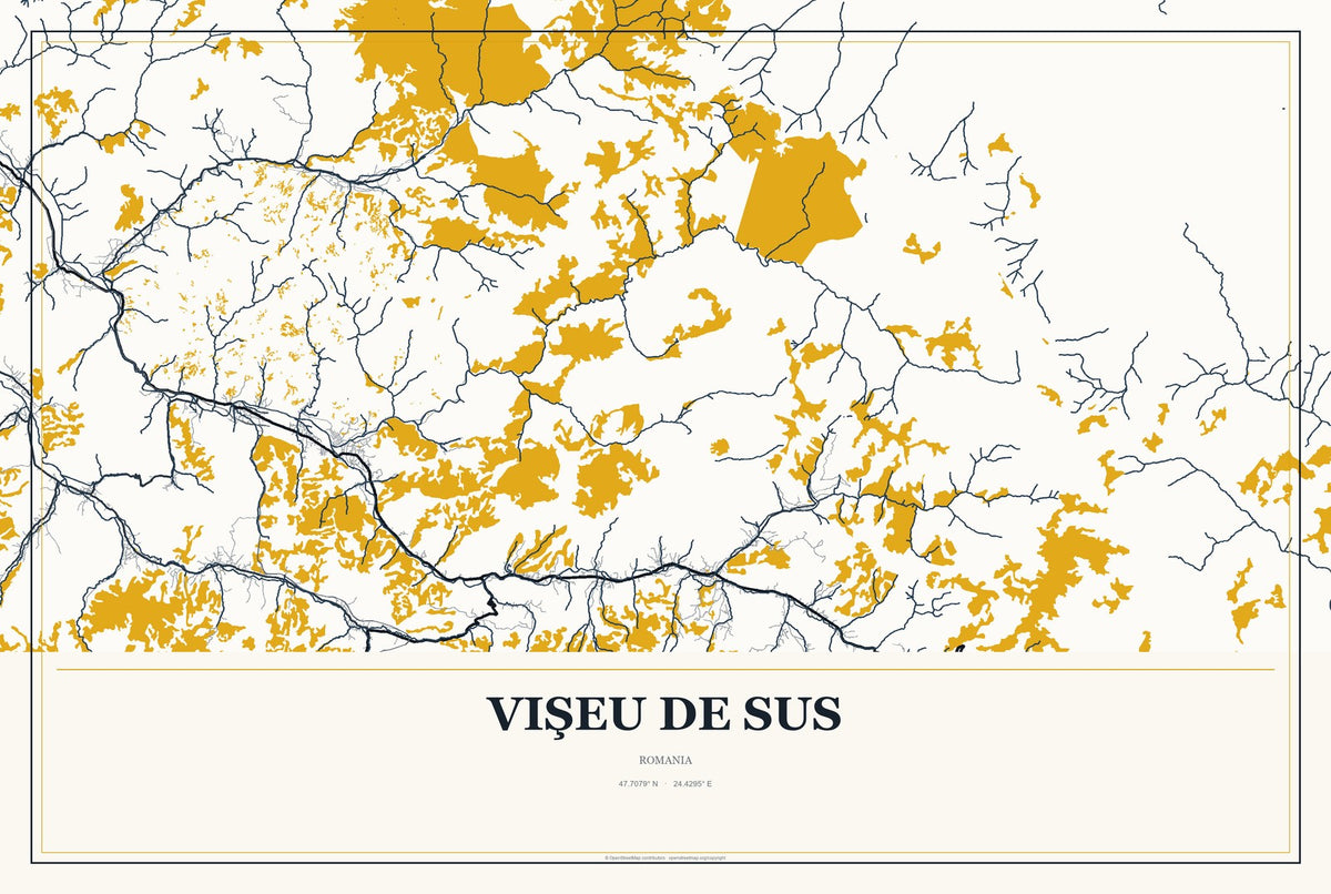 Vişeu de Sus, Romania City Map Aluminum Sign in Citrine Modern style