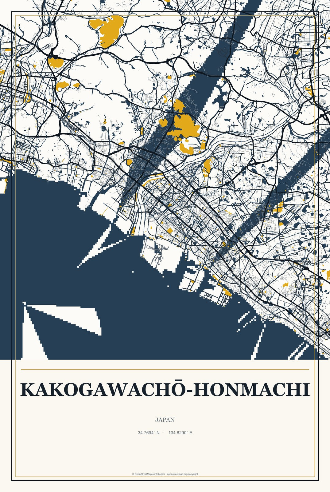 Kakogawachō-honmachi, Japan City Map Aluminum Sign in Citrine Modern style