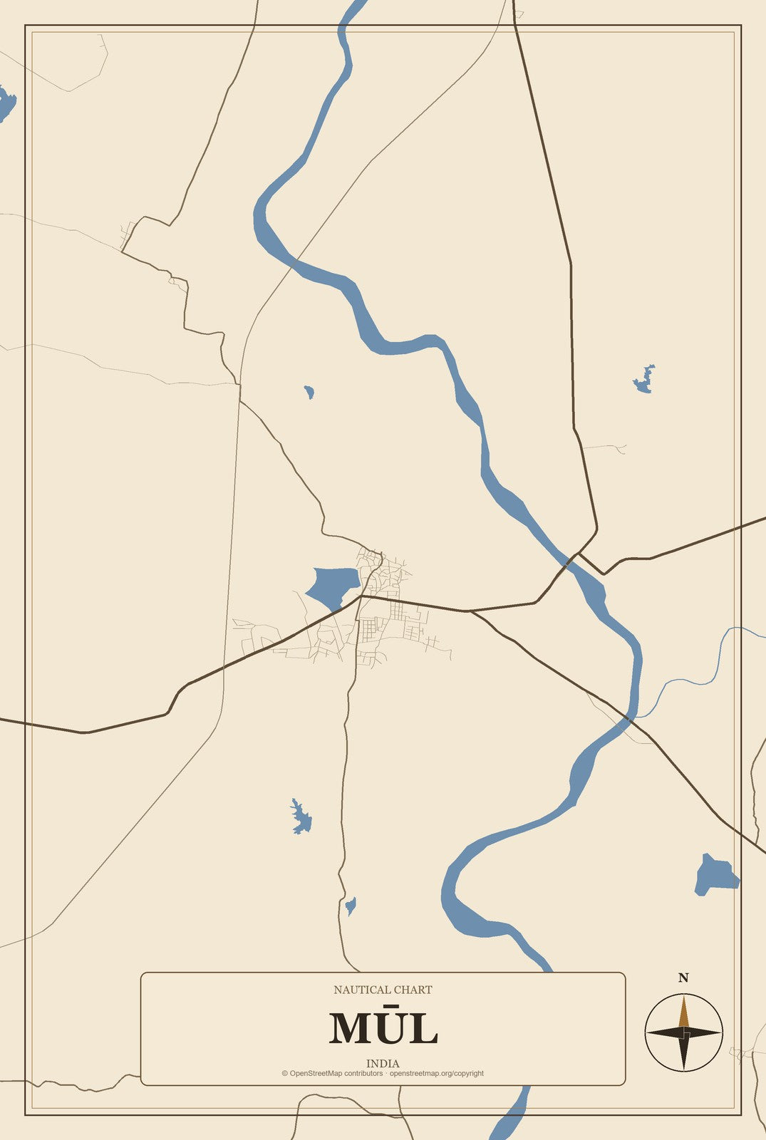 Mūl, India City Map Aluminum Sign in Heritage Nautical style