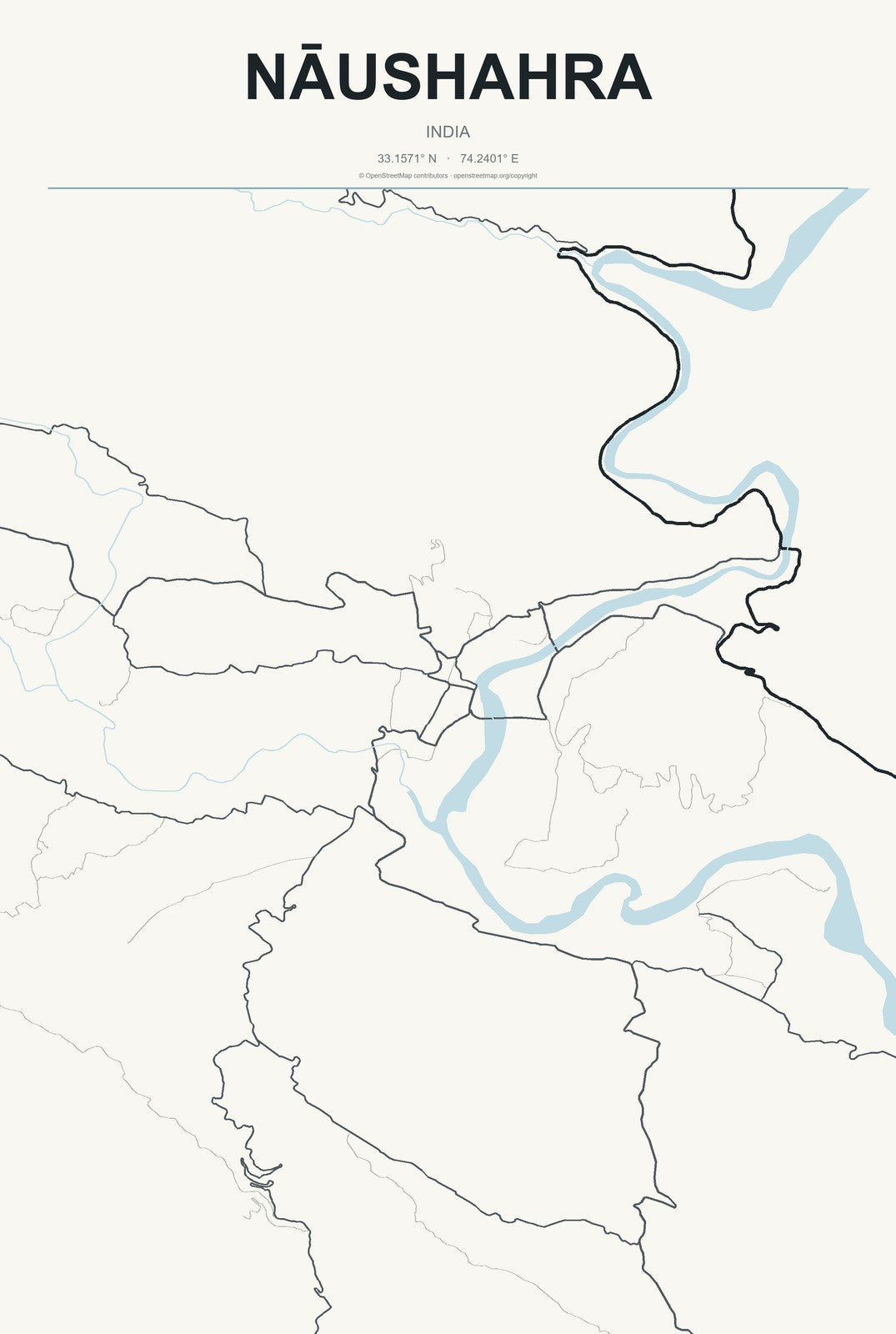 Nāushahra, India City Map Aluminum Sign in Headline Atlas style