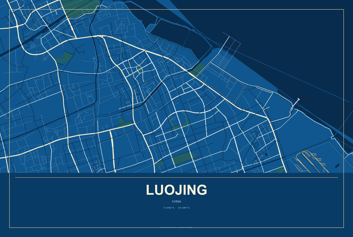 Luojing, China City Map Aluminum Sign in Harbor Cobalt style
