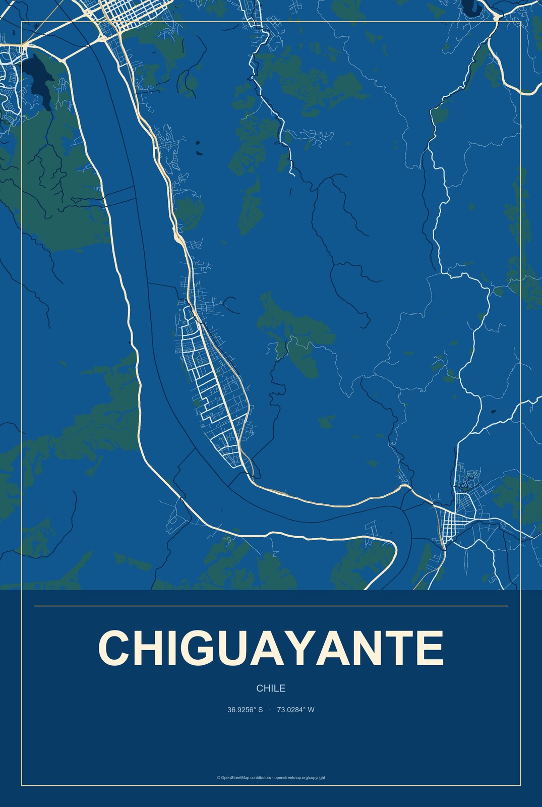 Chiguayante, Chile City Map Aluminum Sign in Harbor Cobalt style