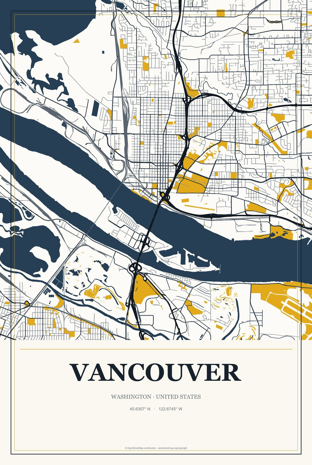 Vancouver, Washington City Map Aluminum Sign in Citrine Modern style