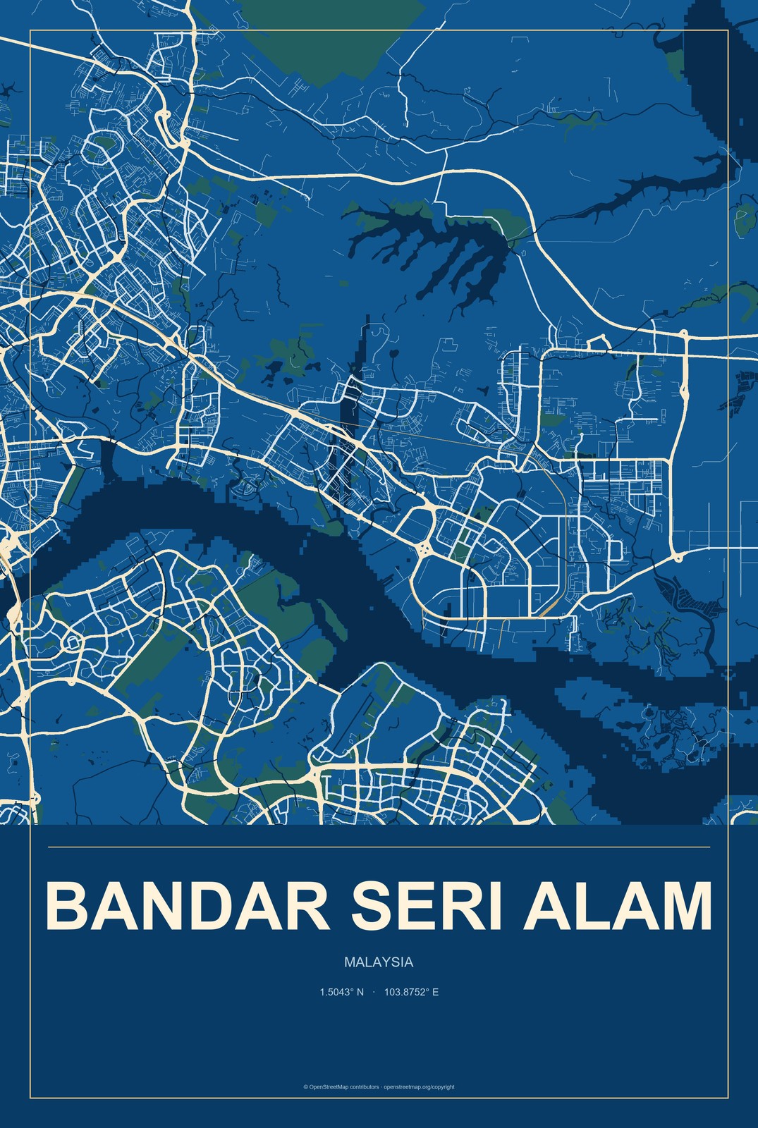 Bandar Seri Alam, Malaysia City Map Aluminum Sign in Harbor Cobalt style