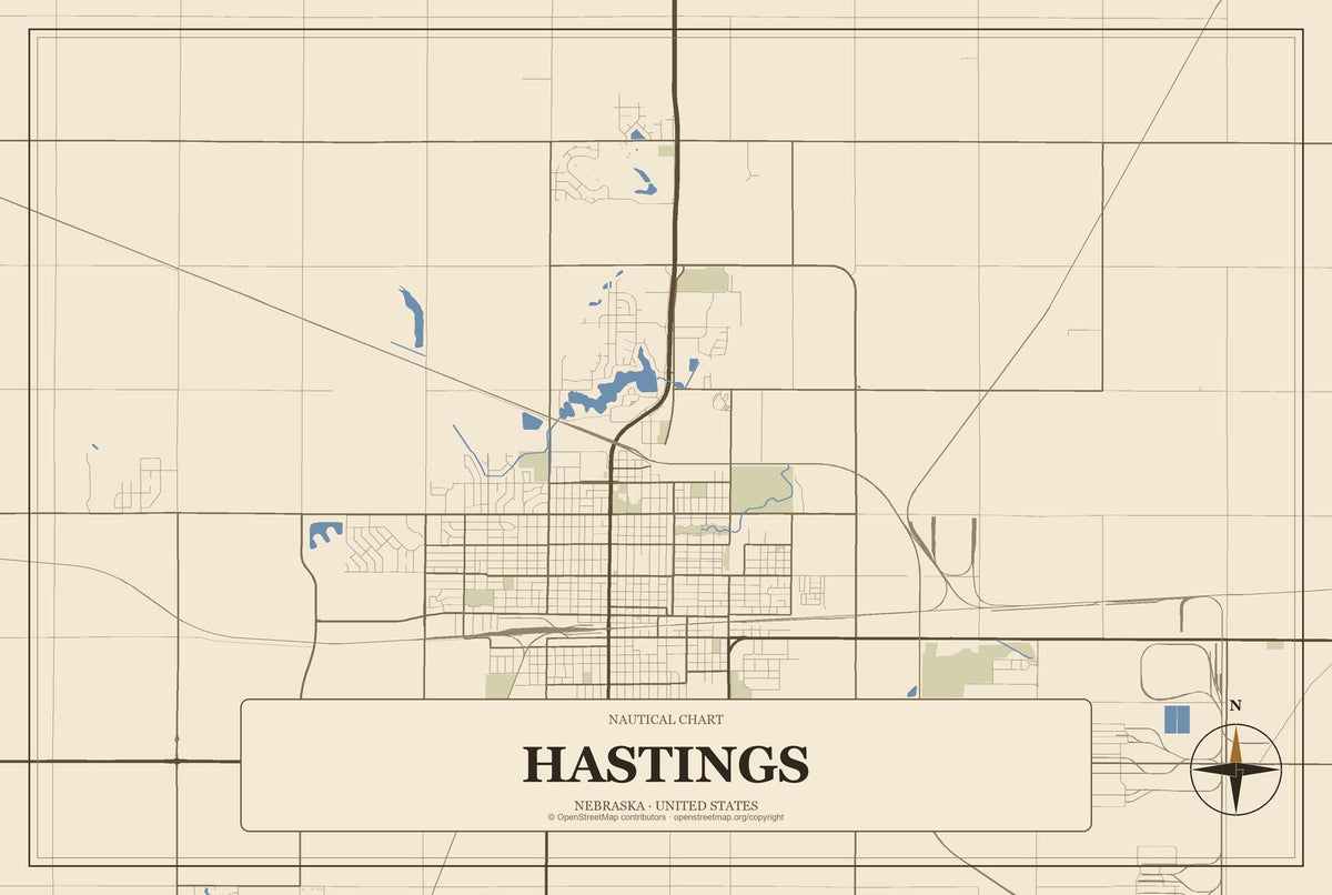 Hastings, Nebraska City Map Aluminum Sign in Heritage Nautical style