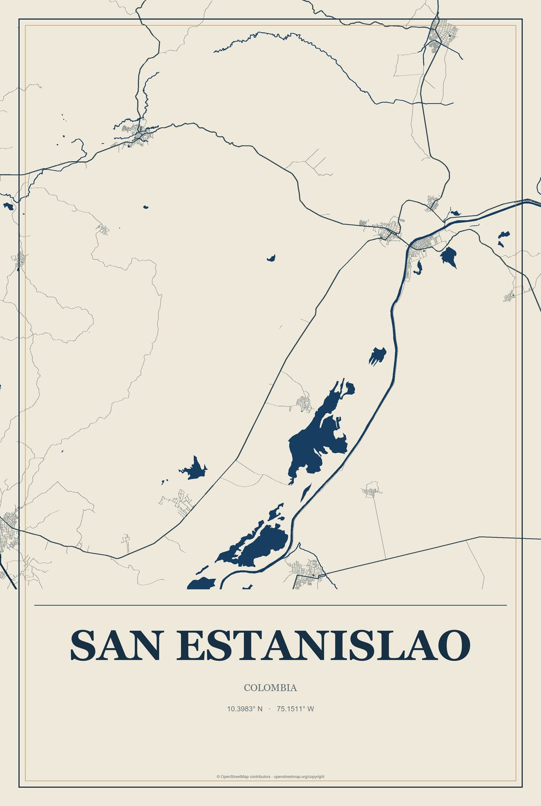 San Estanislao, Colombia City Map Aluminum Sign in Coastal Cutout style