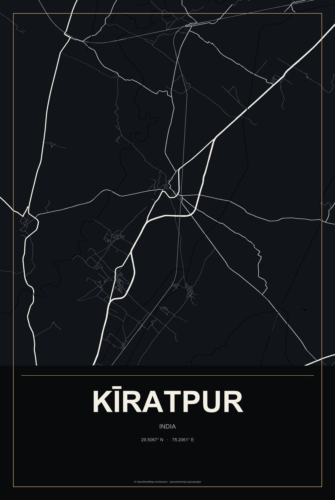 Kīratpur, India City Map Aluminum Sign in Metropolitan Noir style
