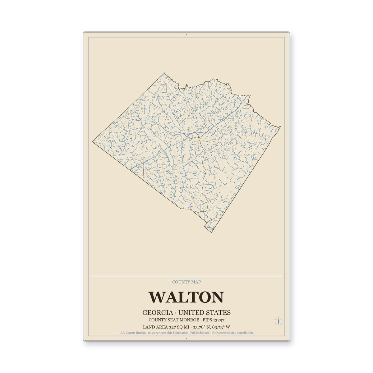 Walton County, Georgia Map Aluminum Sign in Heritage Nautical style