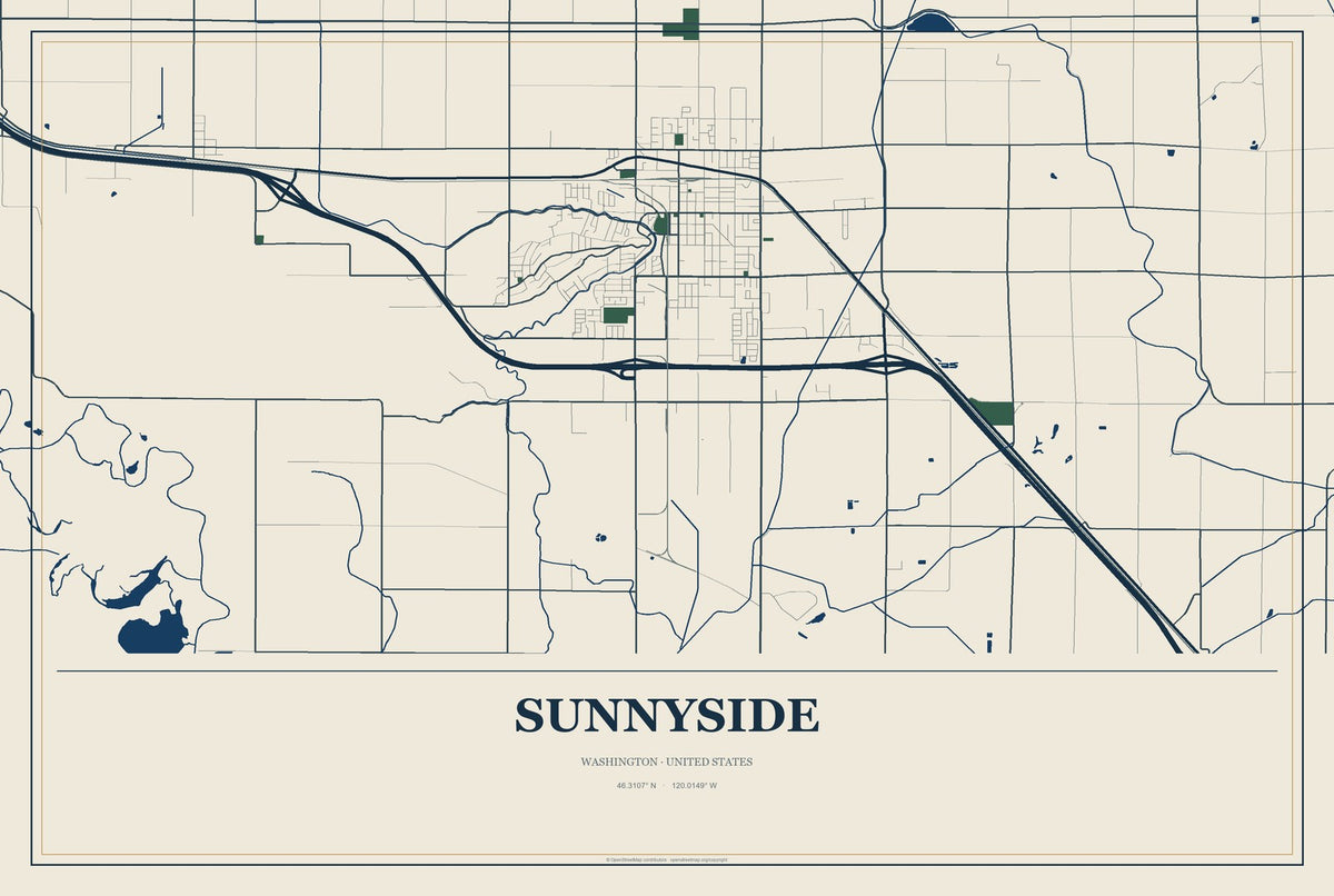 Sunnyside, Washington City Map Aluminum Sign in Coastal Cutout style