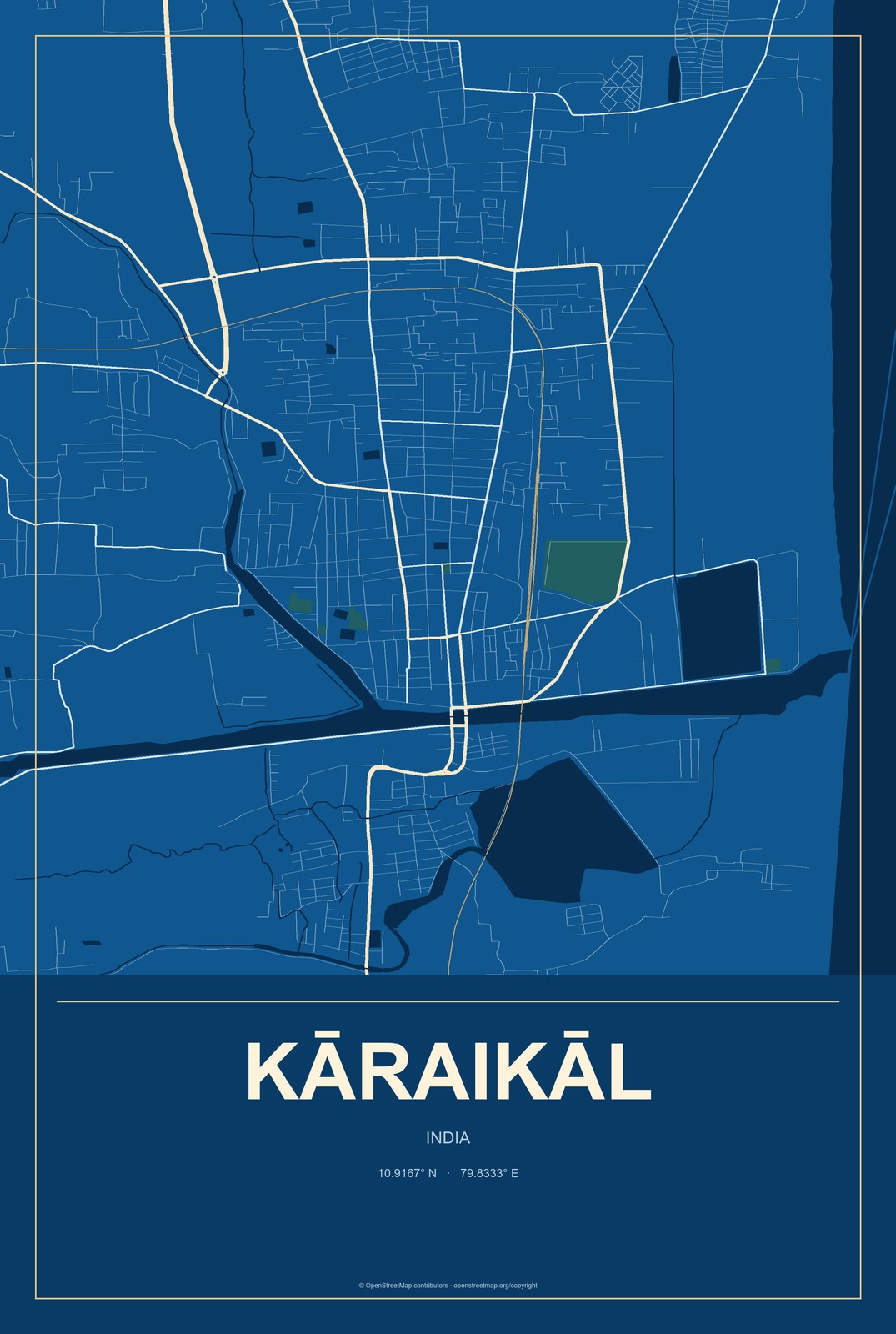 Kāraikāl, India City Map Aluminum Sign in Harbor Cobalt style