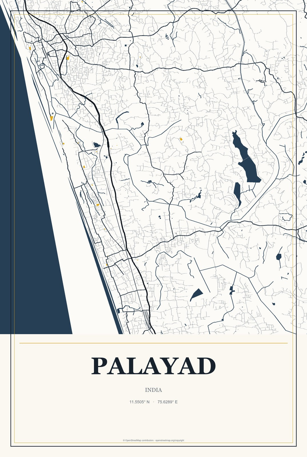 Palayad, India City Map Aluminum Sign in Citrine Modern style
