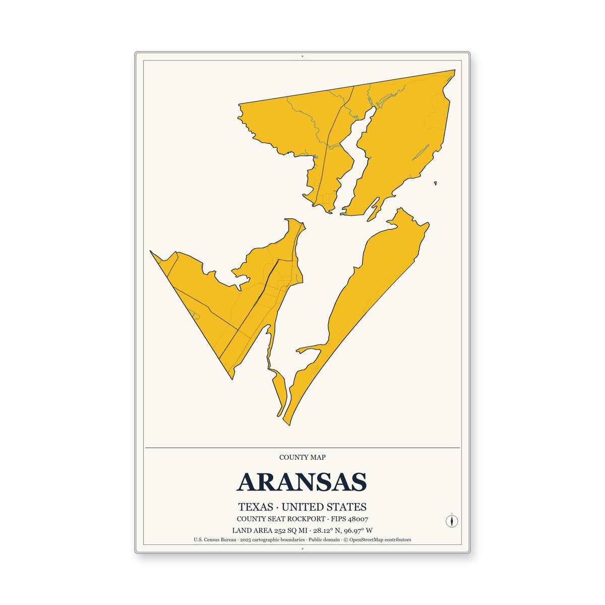 Aransas County, Texas Map Aluminum Sign in Citrine Modern style
