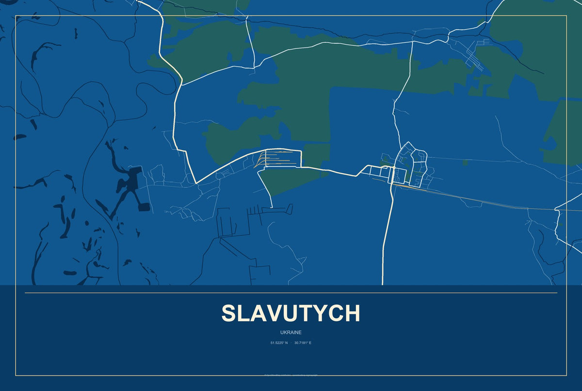 Slavutych, Ukraine City Map Aluminum Sign in Harbor Cobalt style