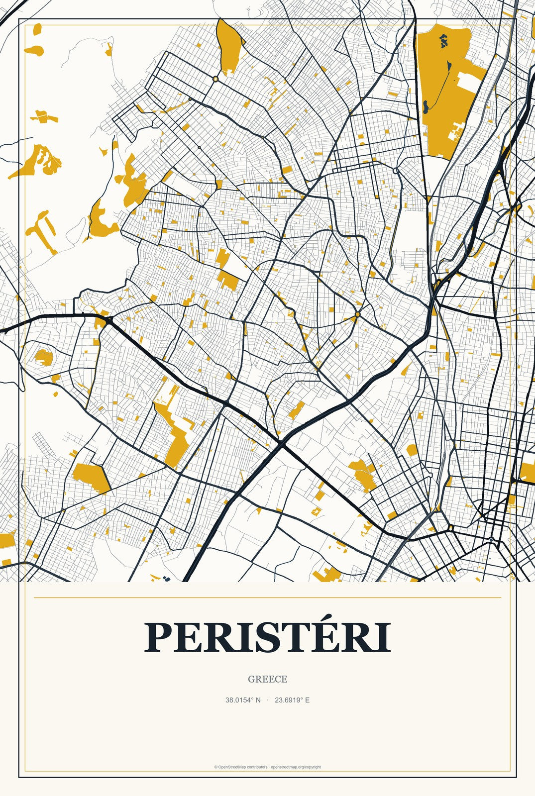Peristéri, Greece City Map Aluminum Sign in Citrine Modern style