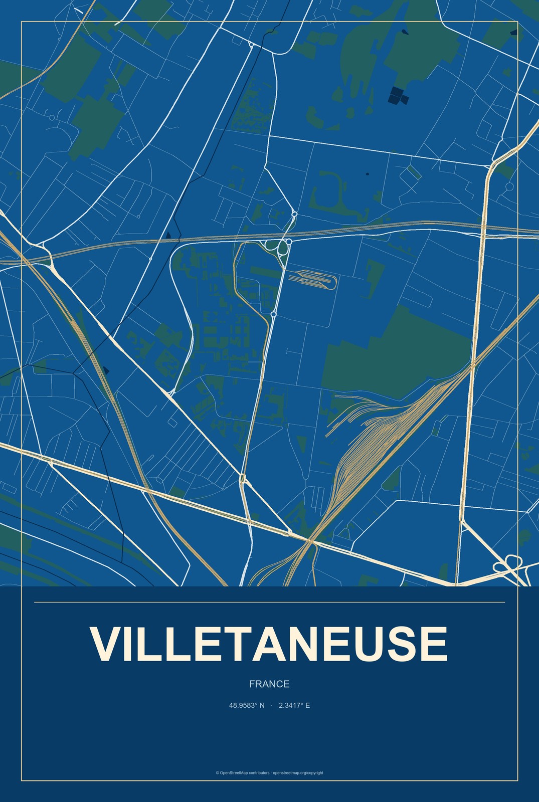 Villetaneuse, France City Map Aluminum Sign in Harbor Cobalt style
