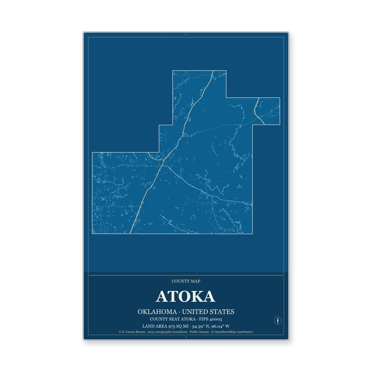 Atoka County, Oklahoma Map Aluminum Sign in Harbor Cobalt style