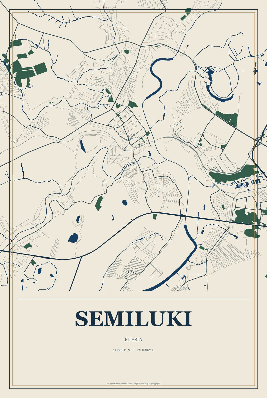 Semiluki, Russia City Map Aluminum Sign in Coastal Cutout style