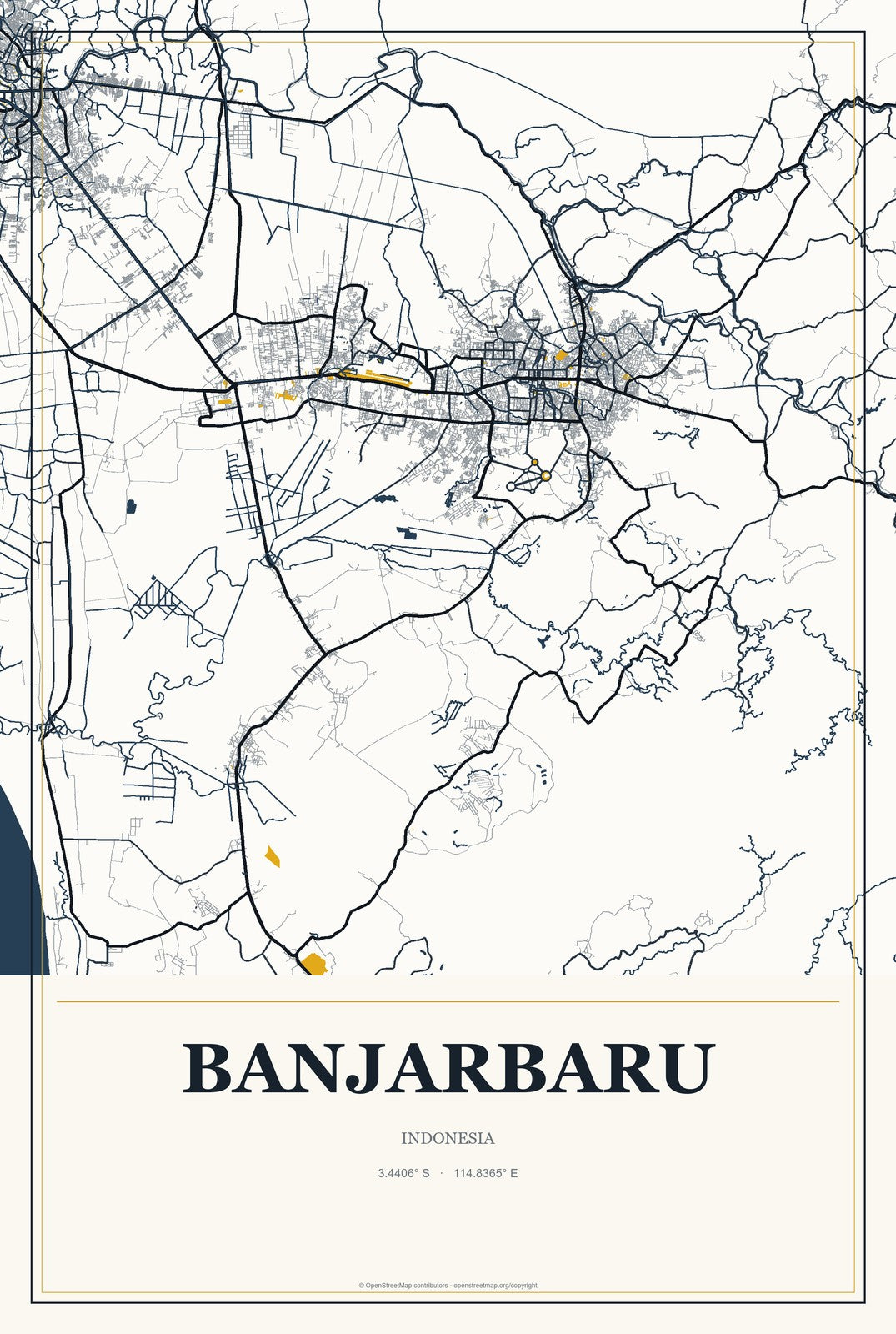 Banjarbaru, Indonesia City Map Aluminum Sign in Citrine Modern style
