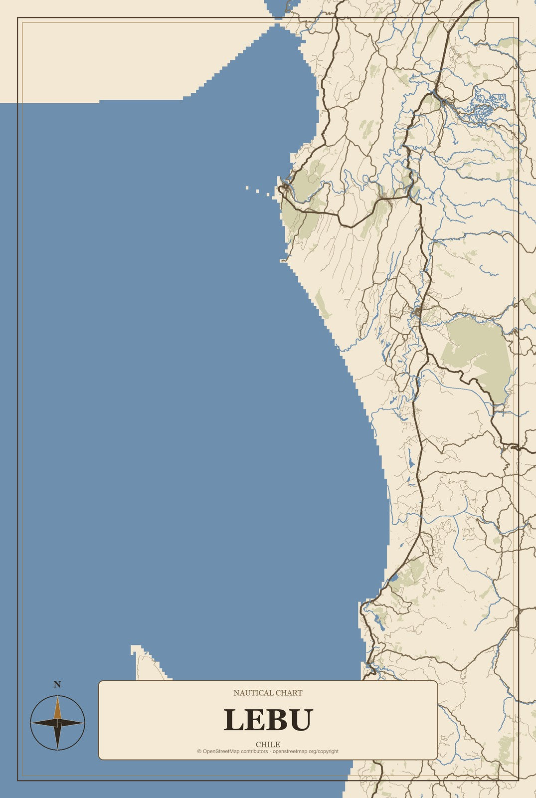 Lebu, Chile City Map Aluminum Sign in Heritage Nautical style