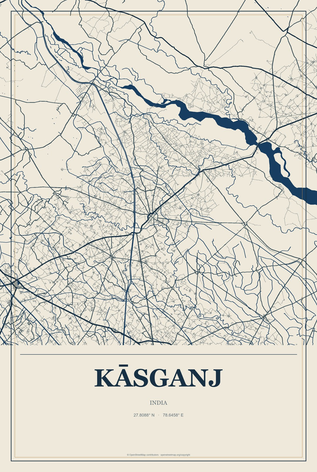 Kāsganj, India City Map Aluminum Sign in Coastal Cutout style