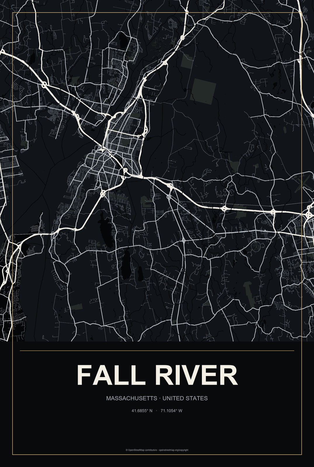 Fall River, Massachusetts City Map Aluminum Sign in Metropolitan Noir style