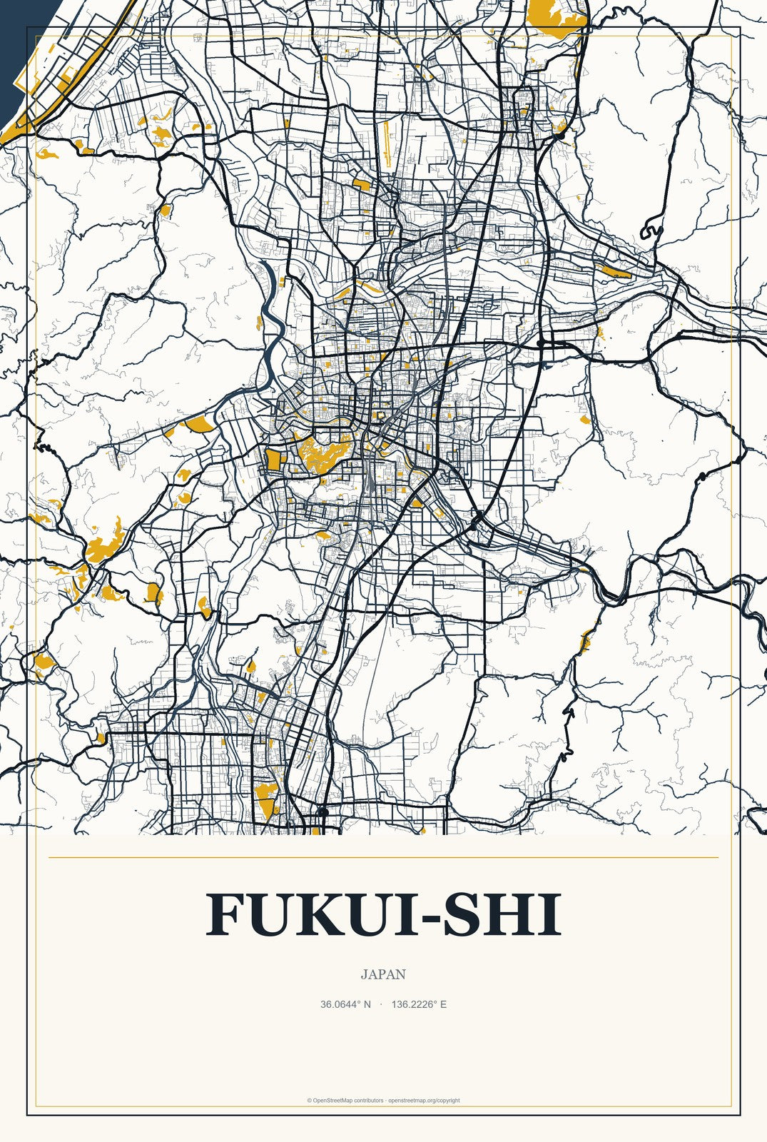 Fukui-shi, Japan City Map Aluminum Sign in Citrine Modern style