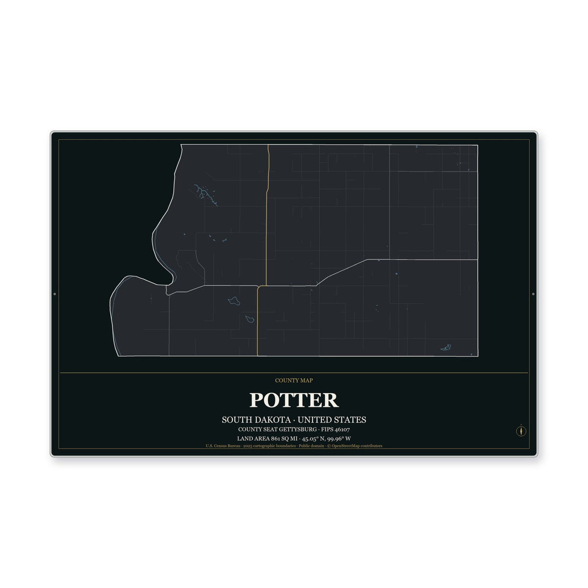 Potter County, South Dakota Map Aluminum Sign in Metropolitan Noir style