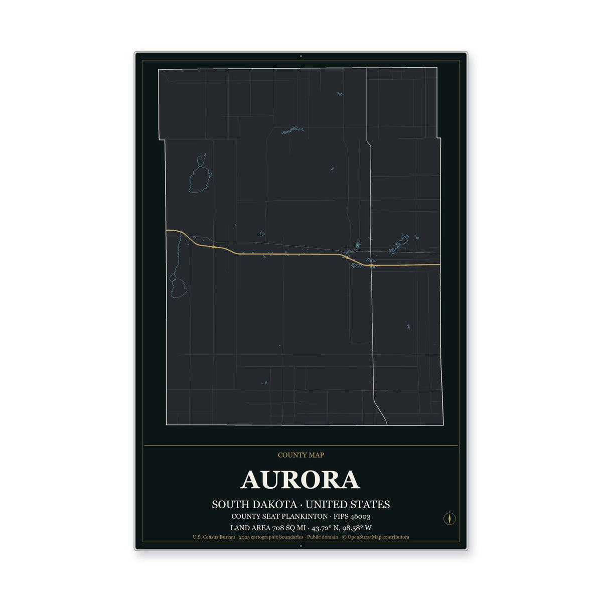 Aurora County, South Dakota Map Aluminum Sign in Metropolitan Noir style