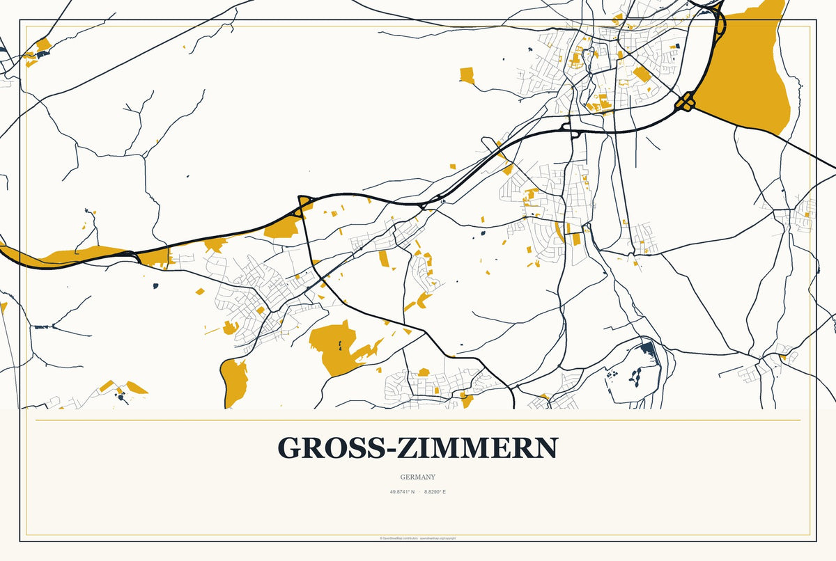 Groß-Zimmern, Germany City Map Aluminum Sign in Citrine Modern style
