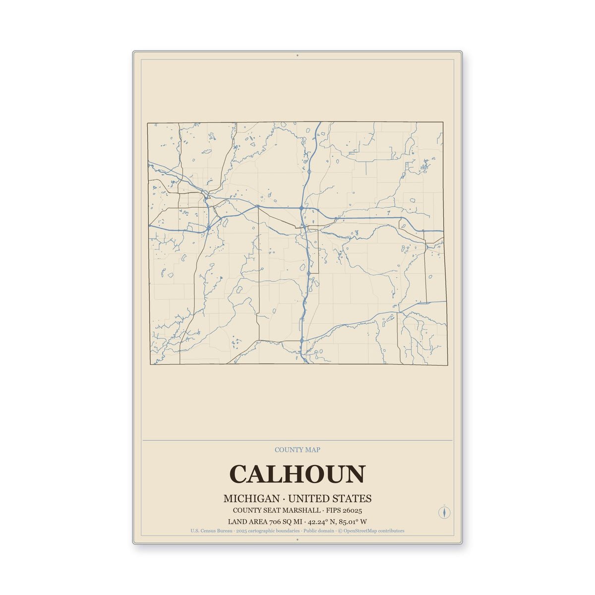 Calhoun County, Michigan Map Aluminum Sign in Heritage Nautical style