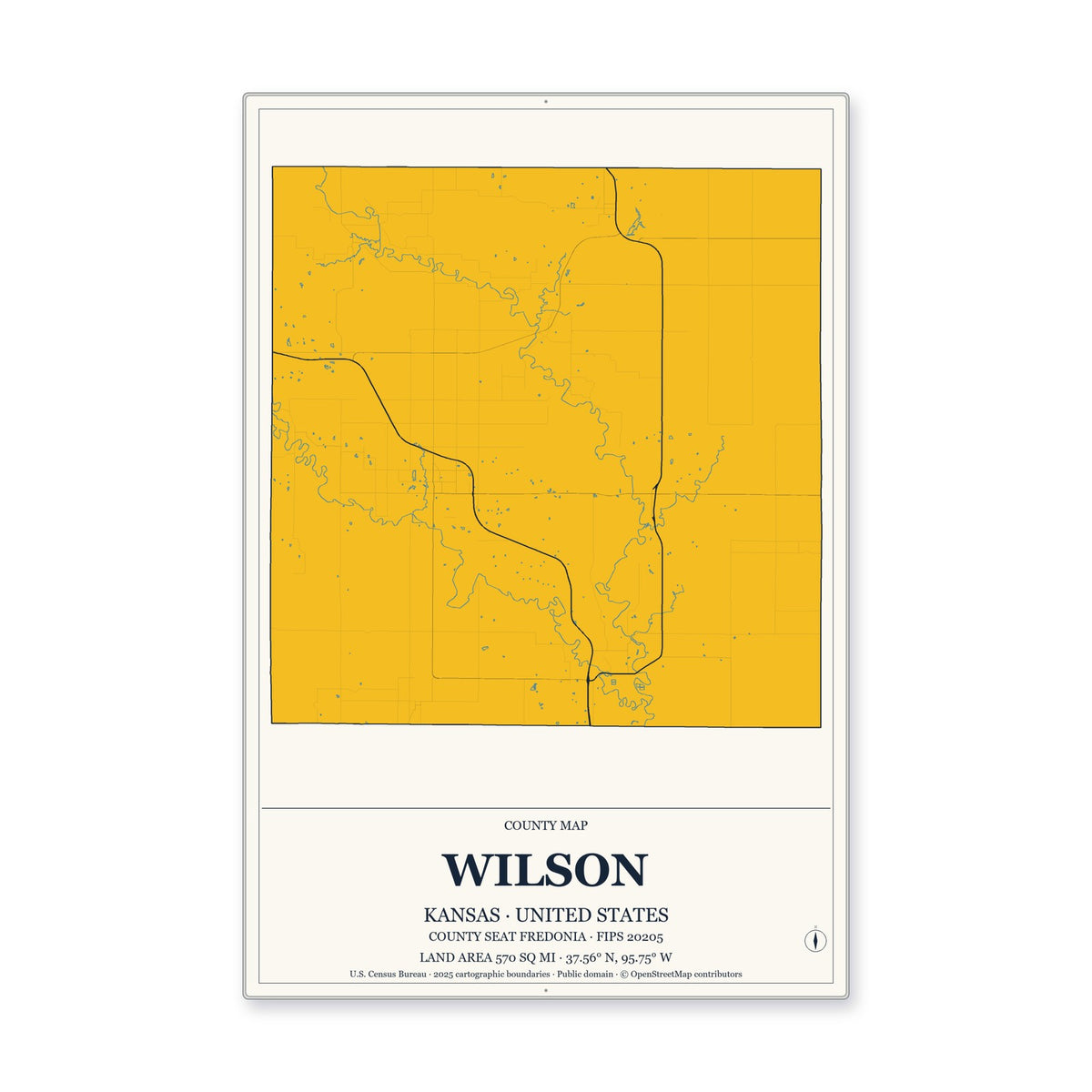 Wilson County, Kansas Map Aluminum Sign in Citrine Modern style