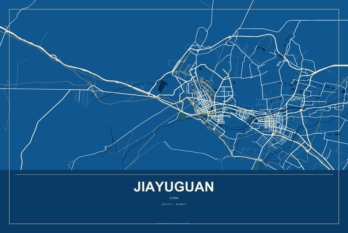 Jiayuguan, China City Map Aluminum Sign in Harbor Cobalt style