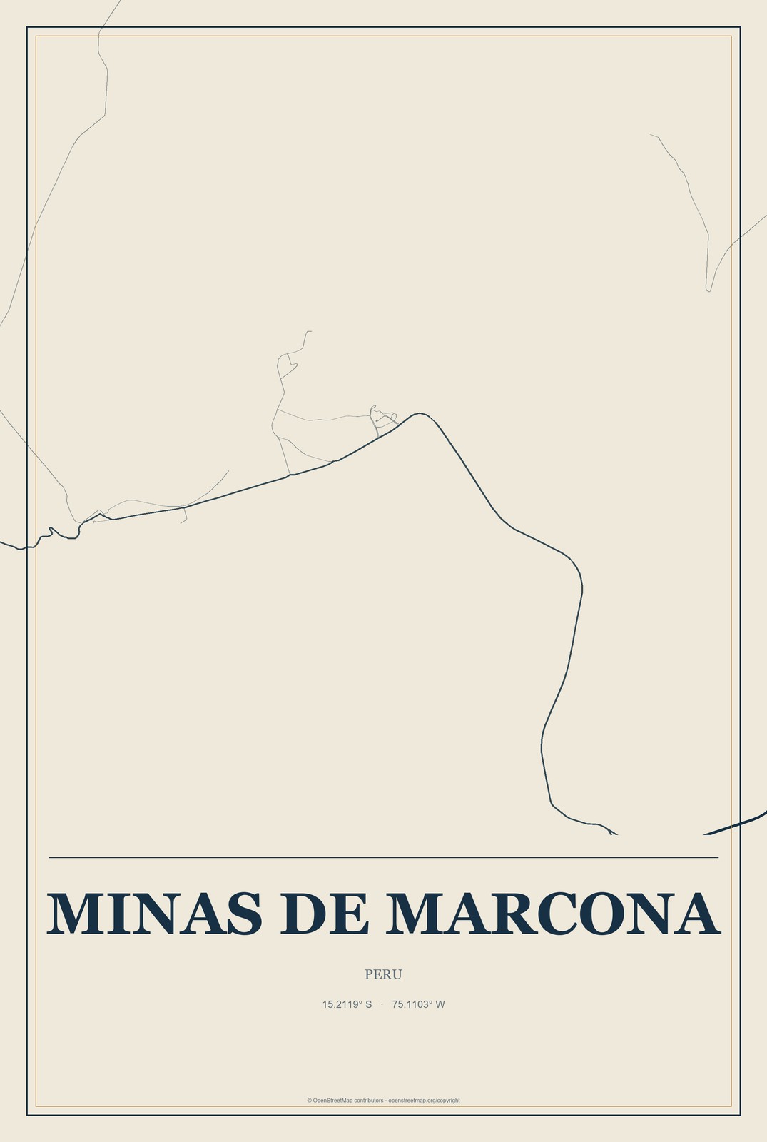 Minas de Marcona, Peru City Map Aluminum Sign in Coastal Cutout style