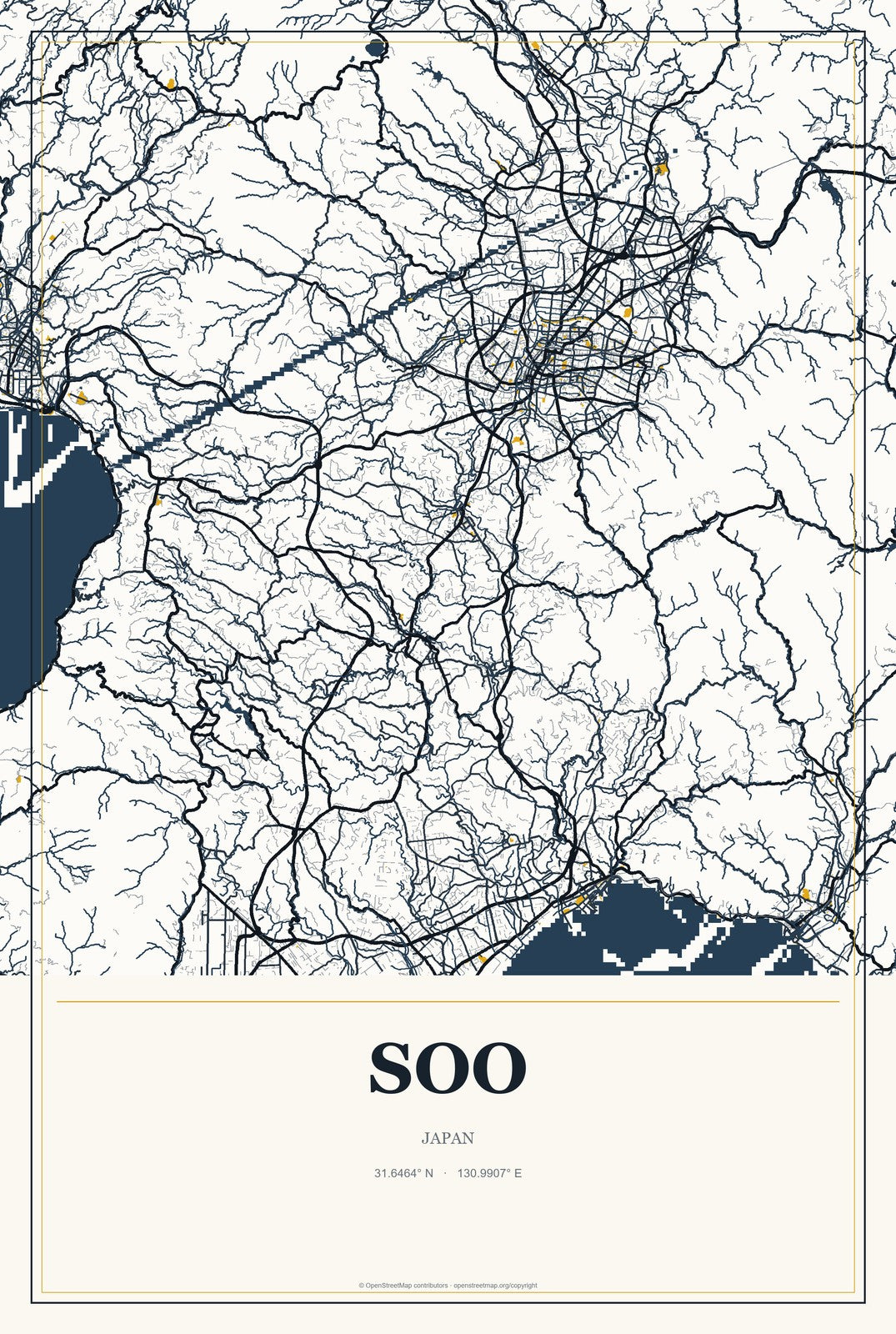 Soo, Japan City Map Aluminum Sign in Citrine Modern style